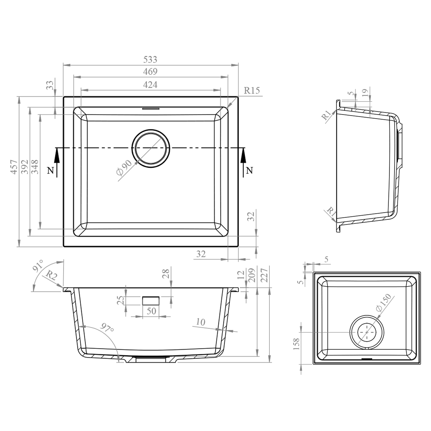 Vellamo Terra 1 Bowl Granite Composite Inset / Undermount Kitchen Sink & Waste - 533 x 457mm