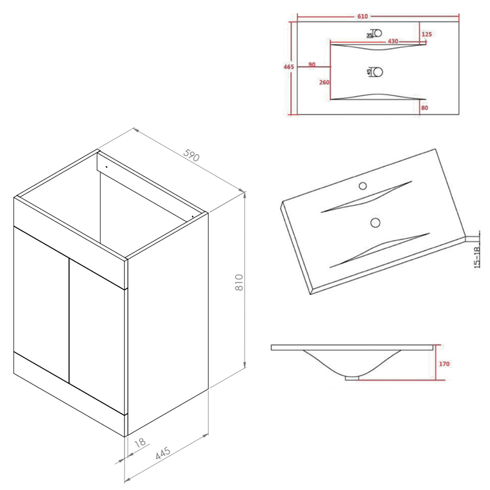 Vellamo Aspire 600mm Floorstanding 2 Door Vanity Unit & Thin Ceramic Basin