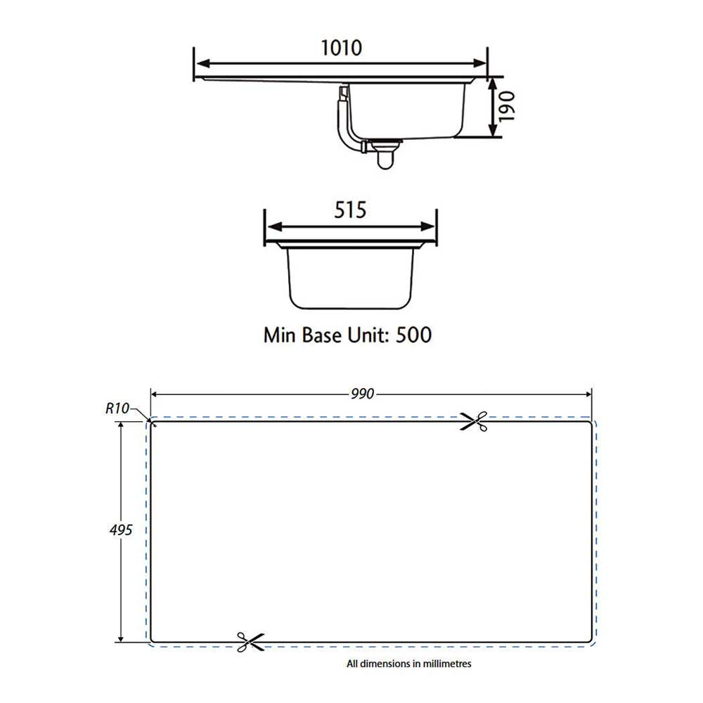 Rangemaster Manhattan 1 Bowl Brushed Stainless Steel Sink & Waste Kit with Right Hand Drainer - 1010 x 515mm