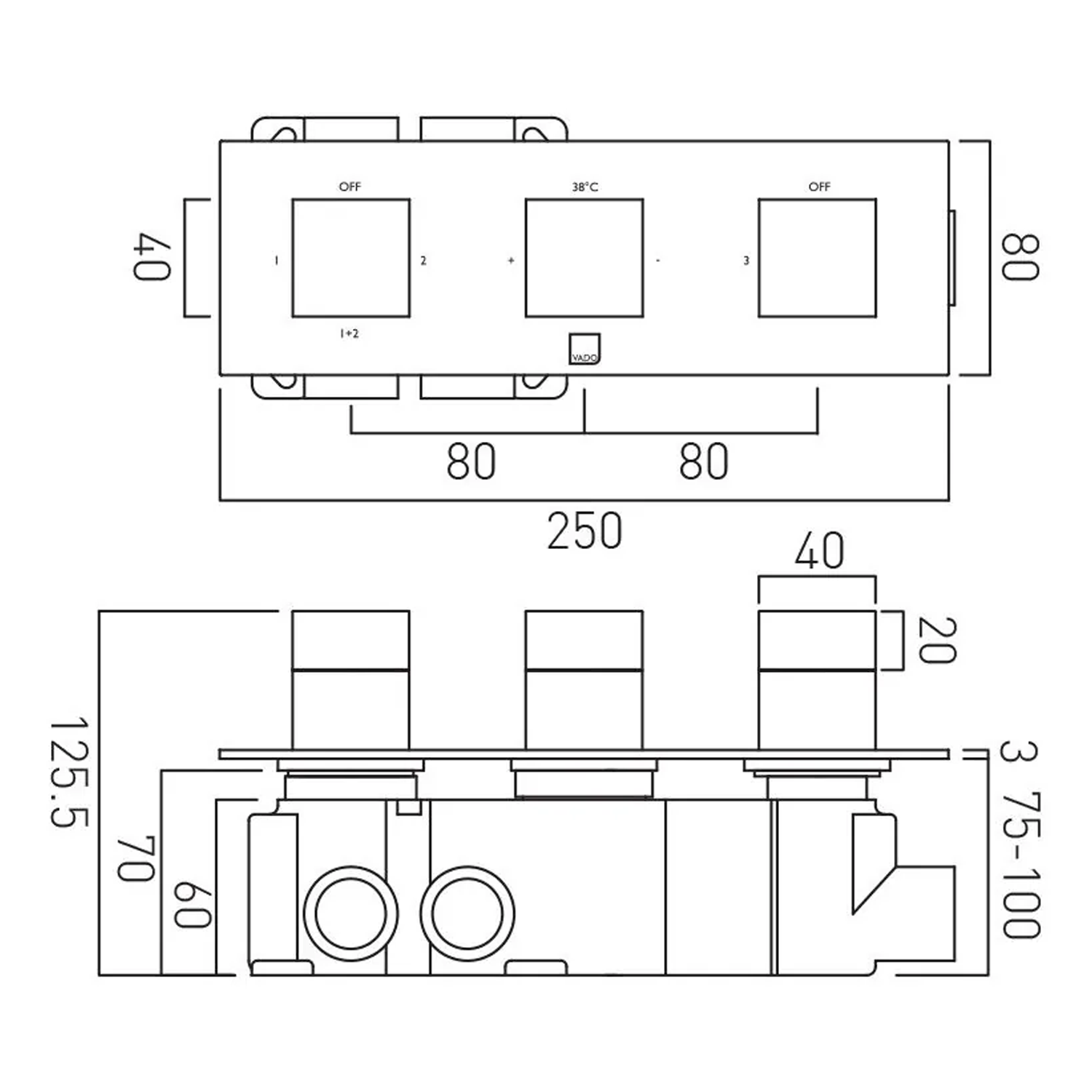 Vado Individual Tablet Notion Horizontal 3 Outlet 3 Handle Thermostatic Concealed Shower Valve