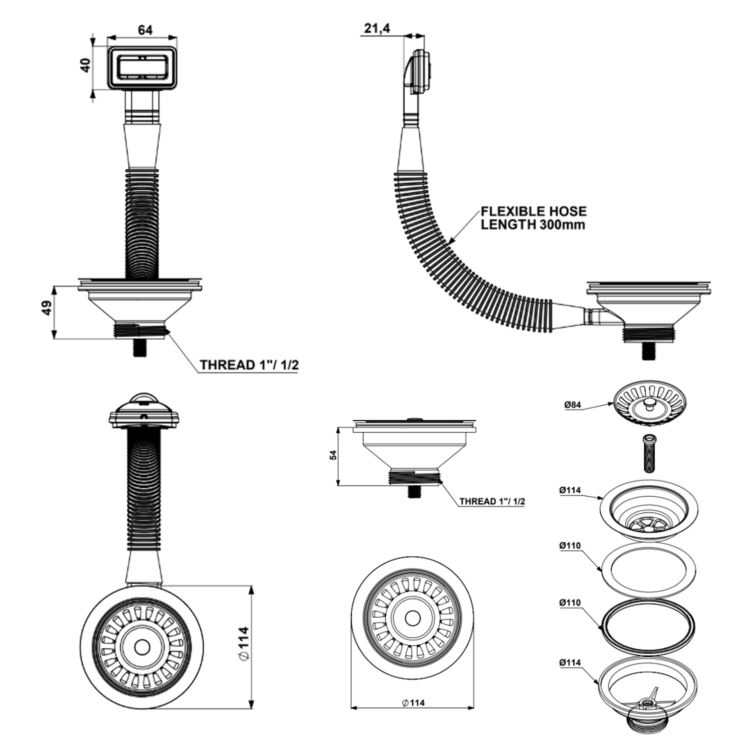 Vellamo Premium 90mm 1.5 & 2 Bowl Kitchen Sink Strainer Wastes with Rectangular Overflow
