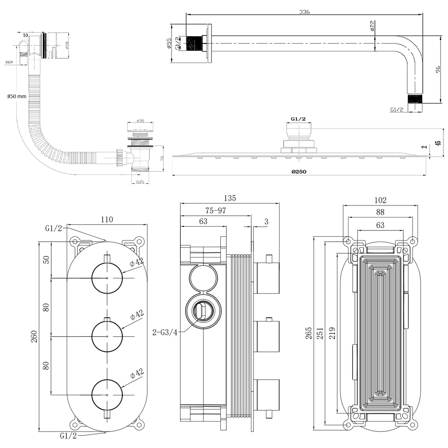 Harbour Clarity Brushed Bronze Shower Package with 2 Outlet Valve, Fixed Head & Wall Arm and Overflow Bath Filler