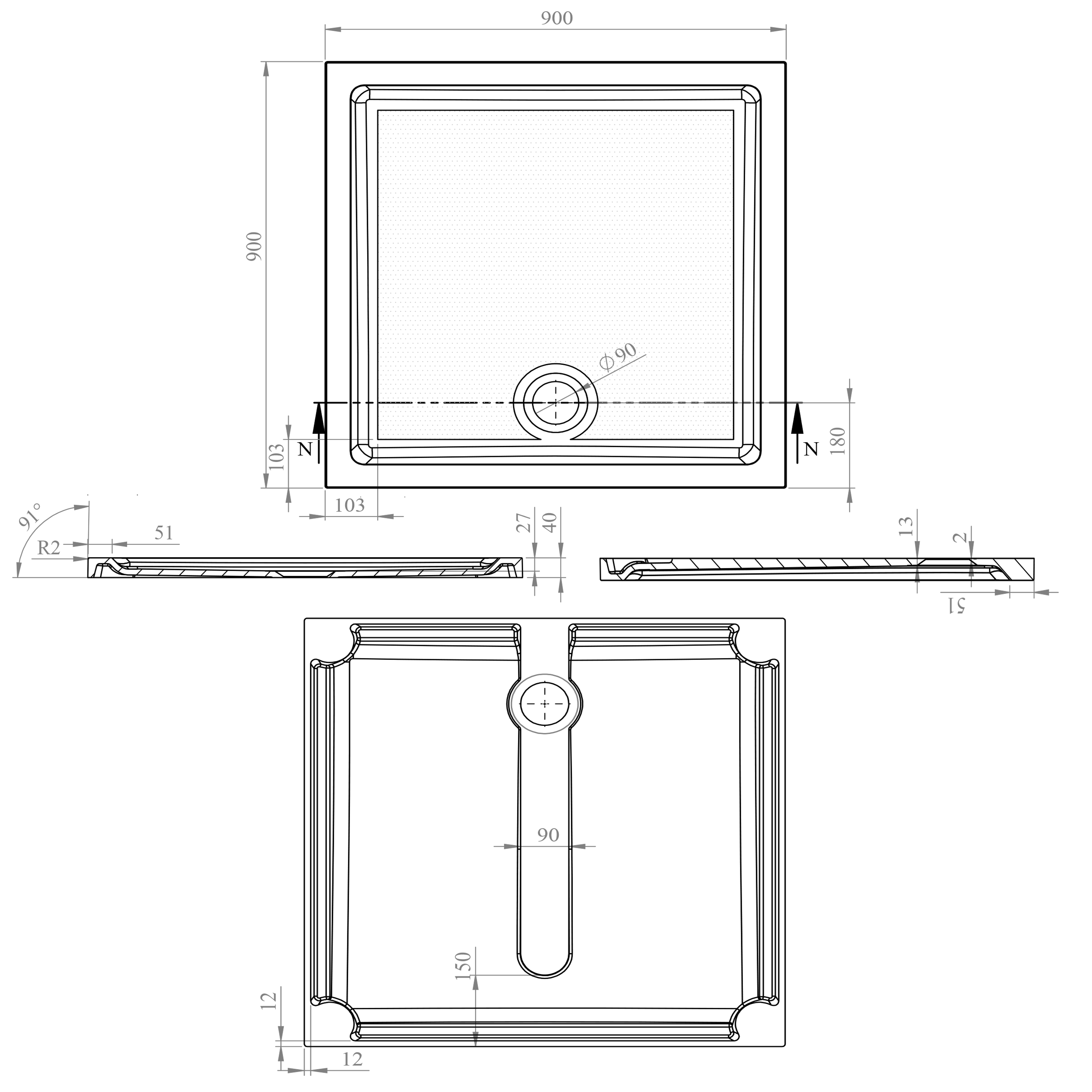 Harbour Anti Slip Gel Coated Stone Resin Square Shower Tray - 2 Sizes