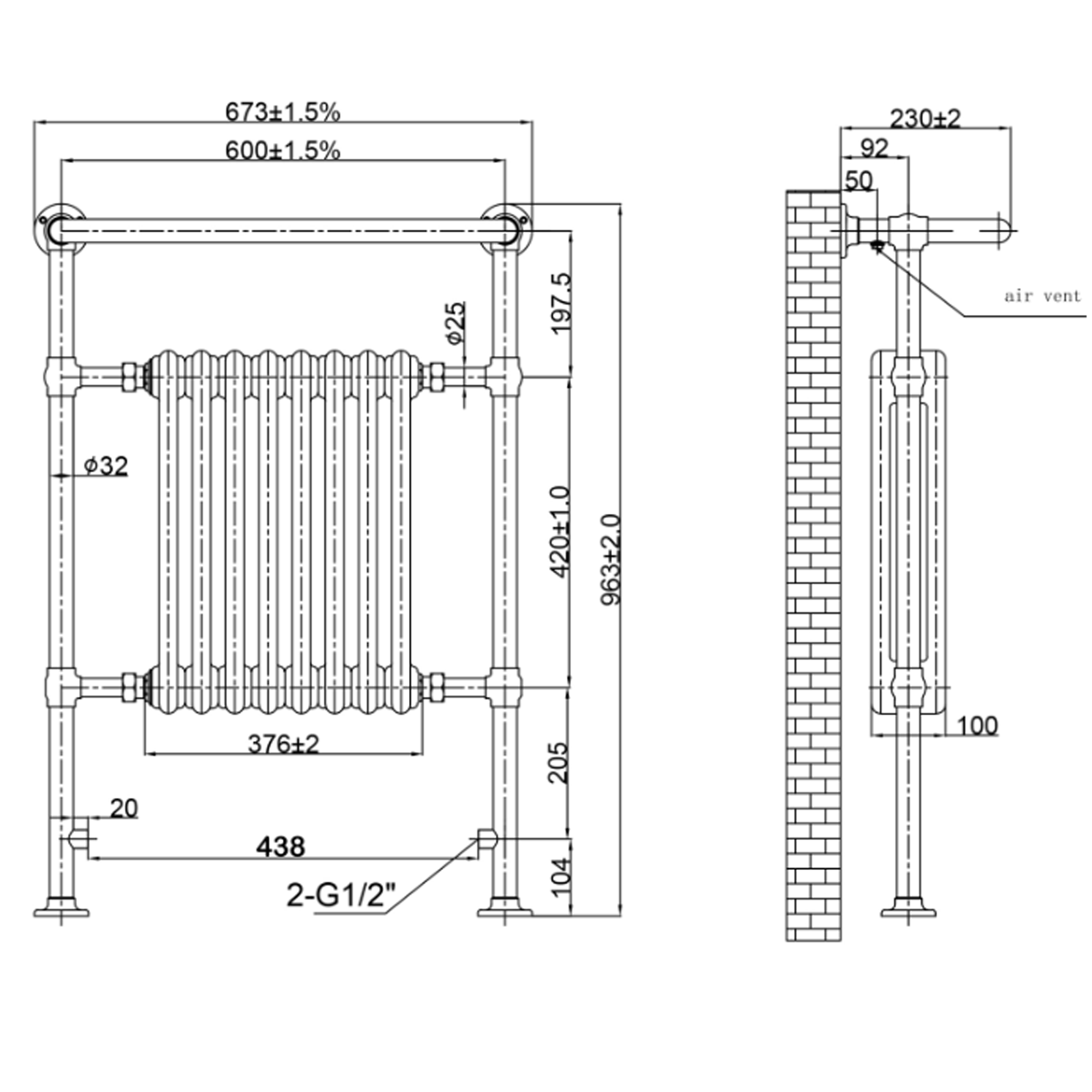 Toasty Penrose Antique Brass Traditional Heated Towel Rail - 965 x 675mm