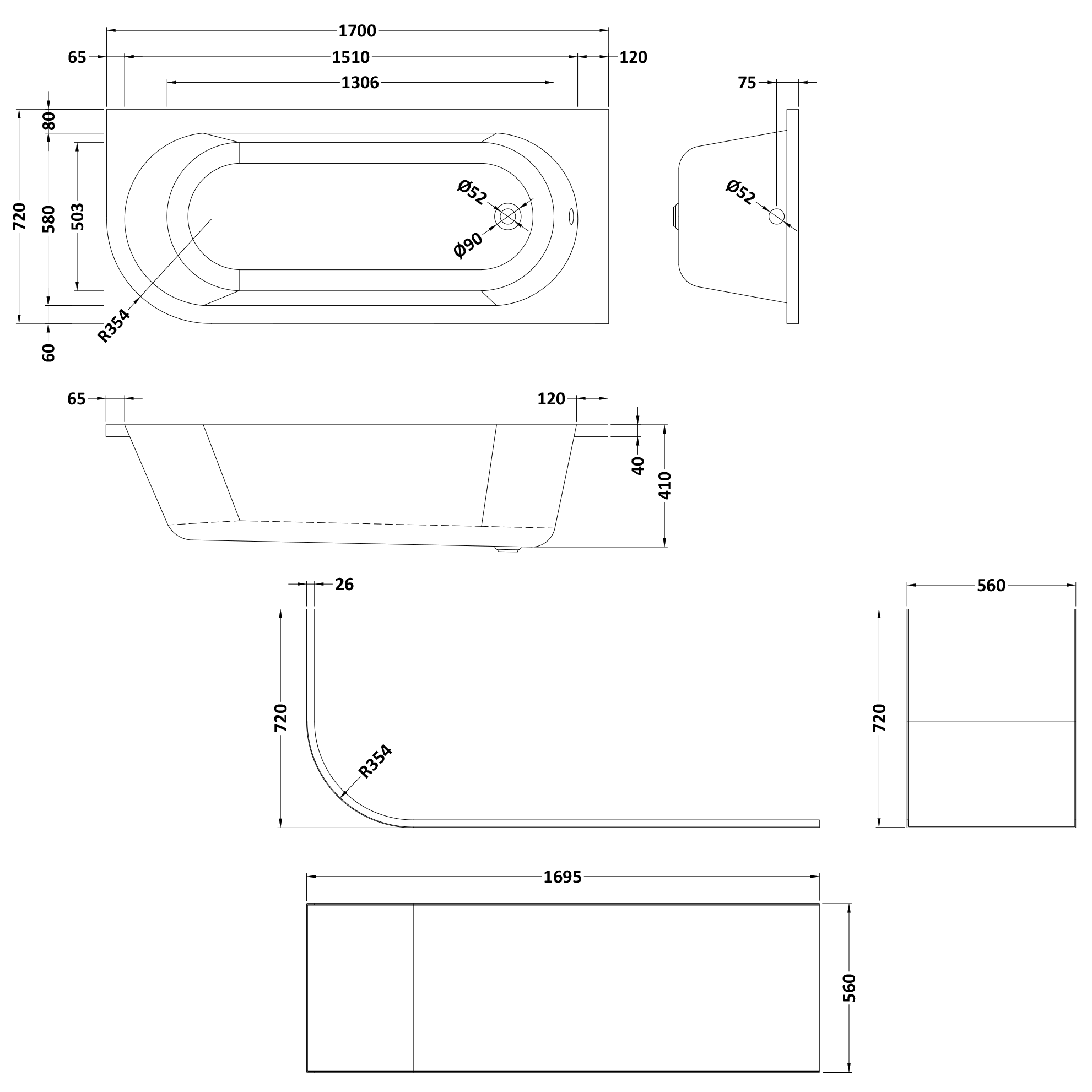 Drench J Shaped Single Ended Corner Bath & Bath Panel - 1700 x 720mm