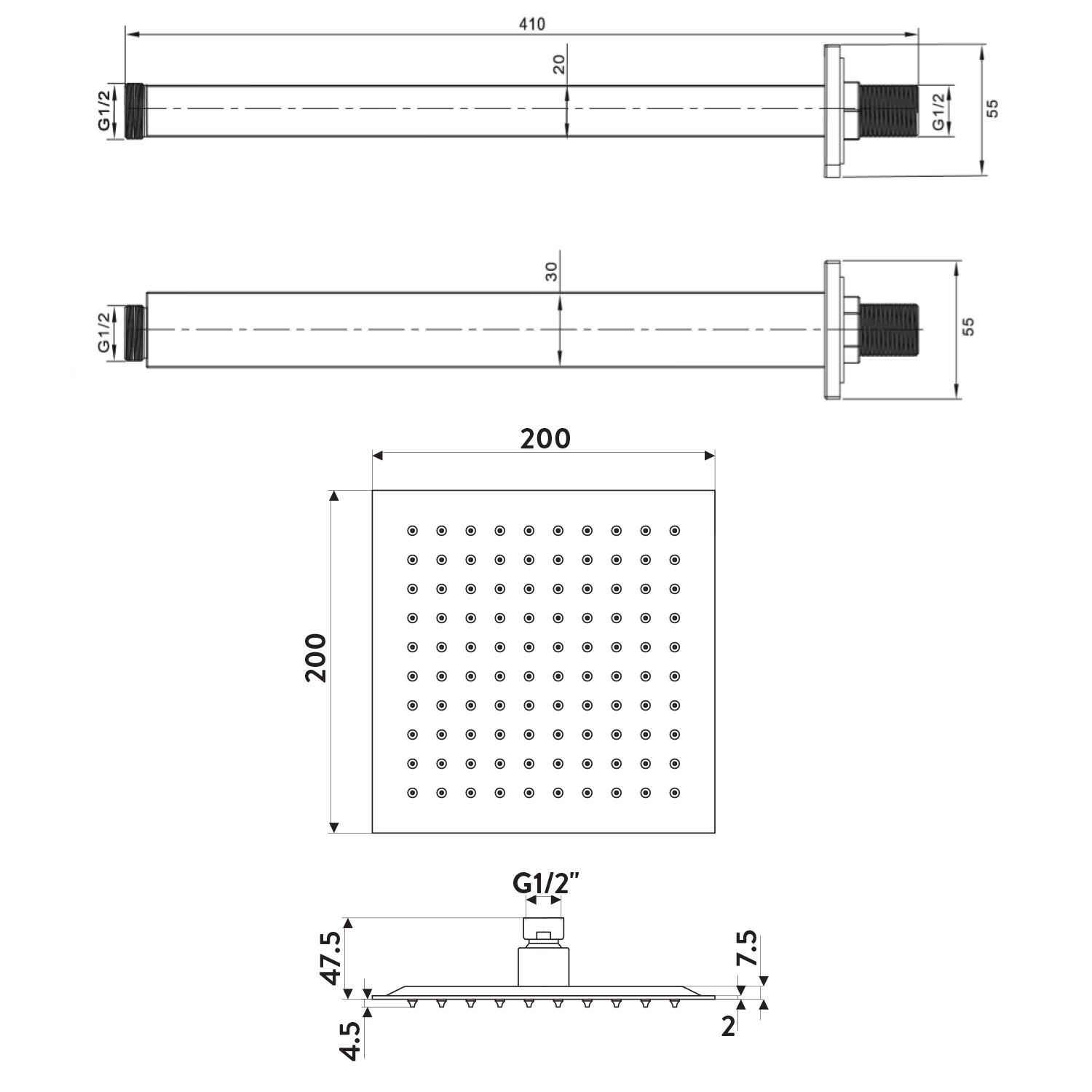 Vellamo Ultra Thin Square 200mm Shower Head & Ceiling Mounted Arm