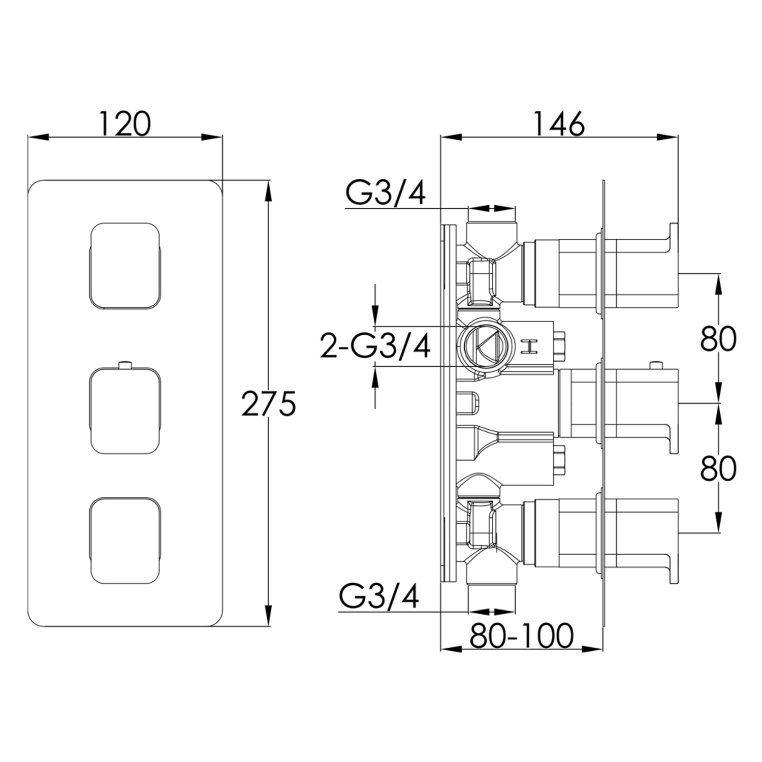 HIX 3 Handle 2 Outlet Concealed Thermostatic Vertical Shower Valve
