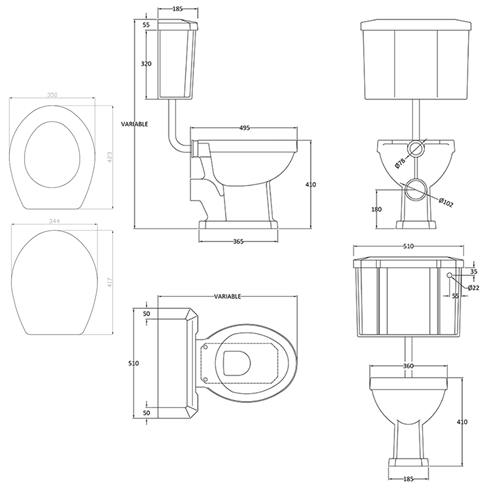 Butler & Rose Darcy Traditional Low Level Toilet, Cistern & Flush Pipe Kit and Optional Seat