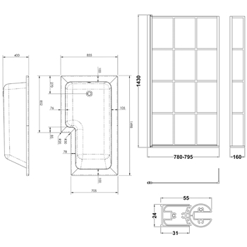 Drench L Shaped Shower Bath with Panel and Shower Screen - 1500mm