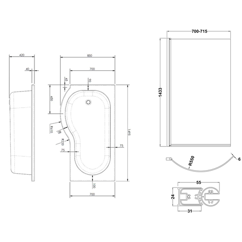 Drench P Shaped Shower Bath with Front Panel and Shower Screen - 1500mm