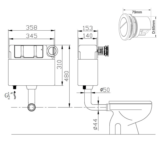 Drench Pneumatic Dual Flush Concealed Cistern with Polystyrene Jacket & Matt Black Button