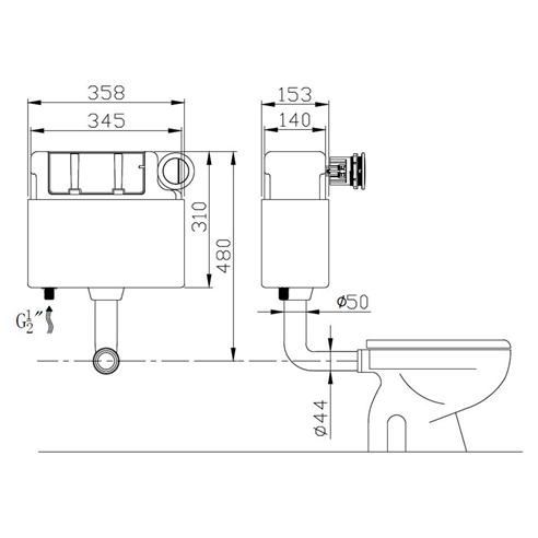 Harbour Pneumatic Dual Flush Concealed Cistern with Polystyrene Jacket & Chrome Button