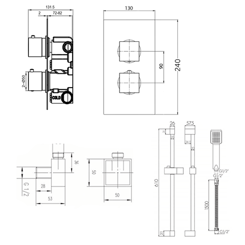 Drew Square Concealed Shower Valve with Fixed Head & Slide Rail Kit