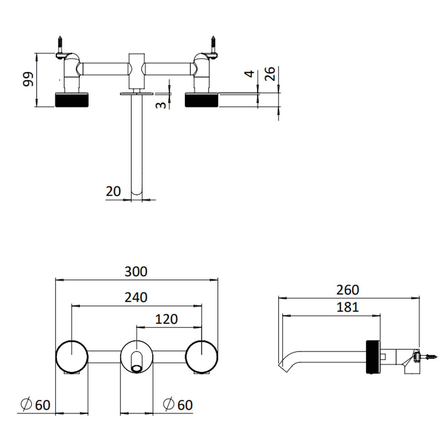 Crosswater 3ONE6 Stainless Steel Wall Mounted 3 Hole Basin Mixer Tap