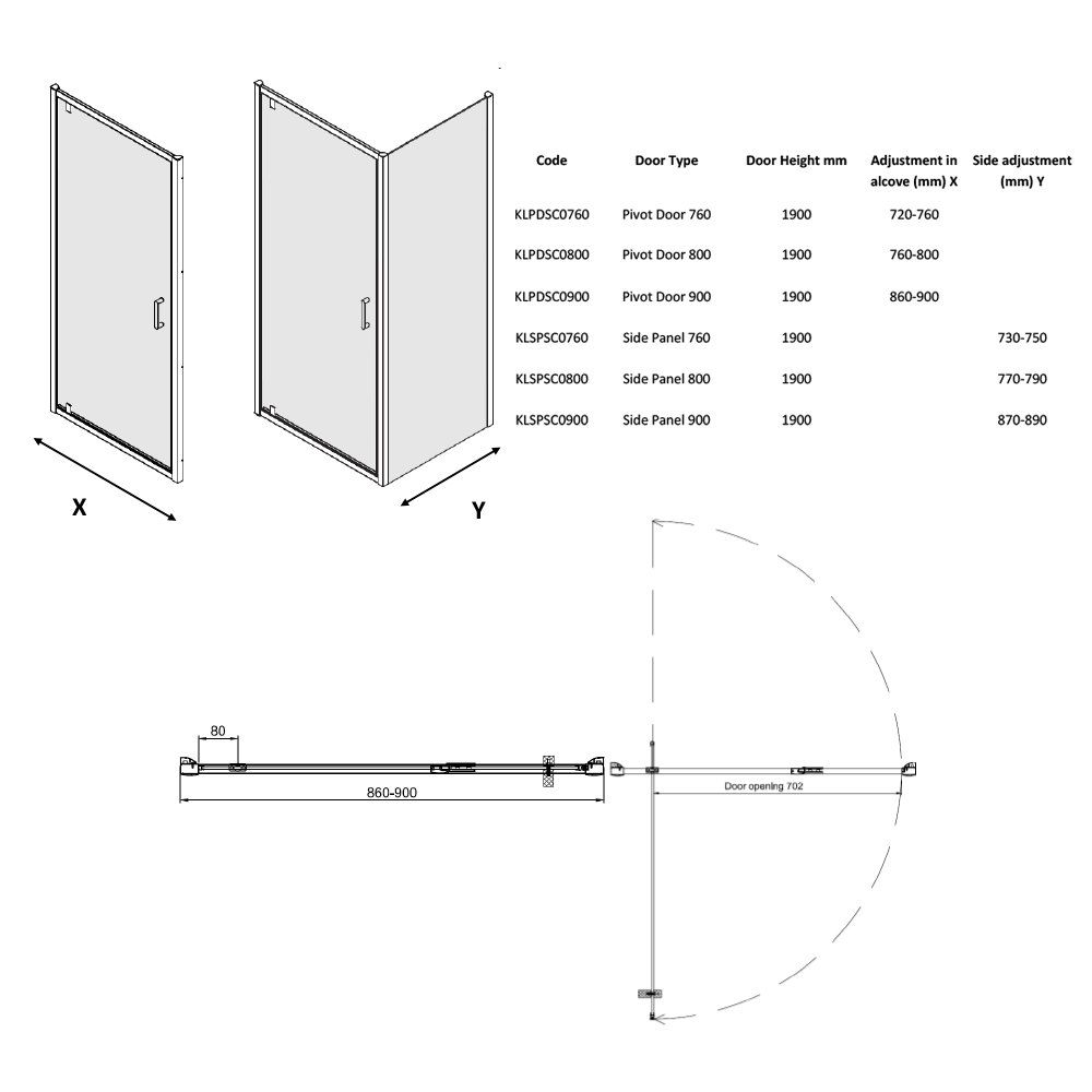 Crosswater Kai 6mm Pivot Shower Door & Optional Side Panel