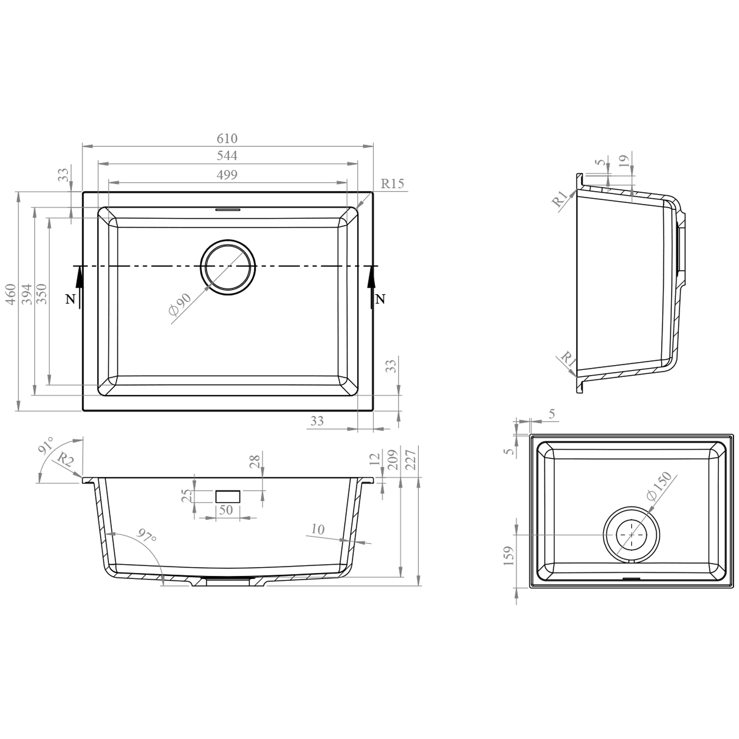 Vellamo Terra Large 1 Bowl Granite Composite Inset / Undermount Kitchen Sink & Waste - 610 x 460mm