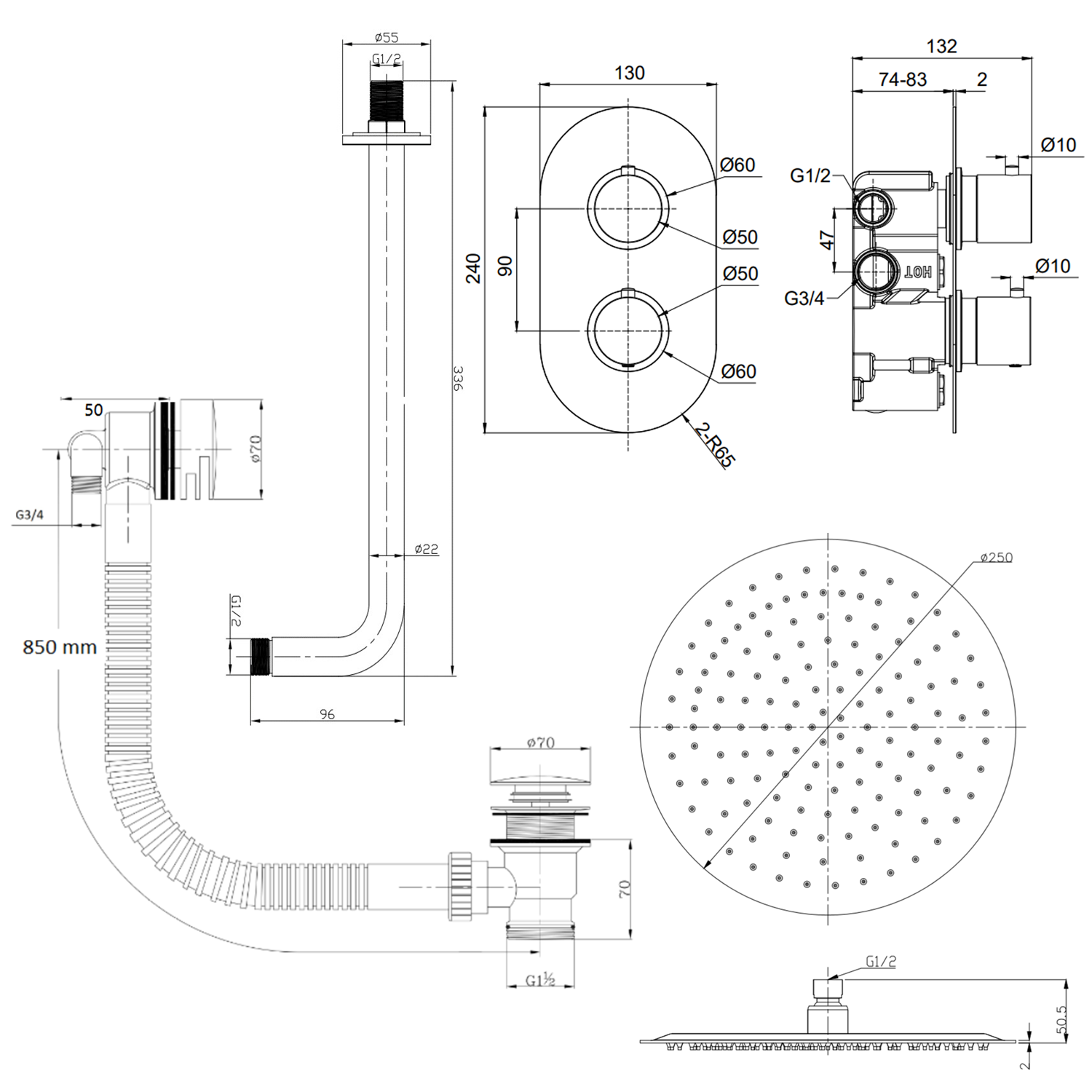 Harbour Clarity Brushed Brass Shower Package with 2 Outlet Valve, Fixed Head & Arm and Overflow Bath Filler