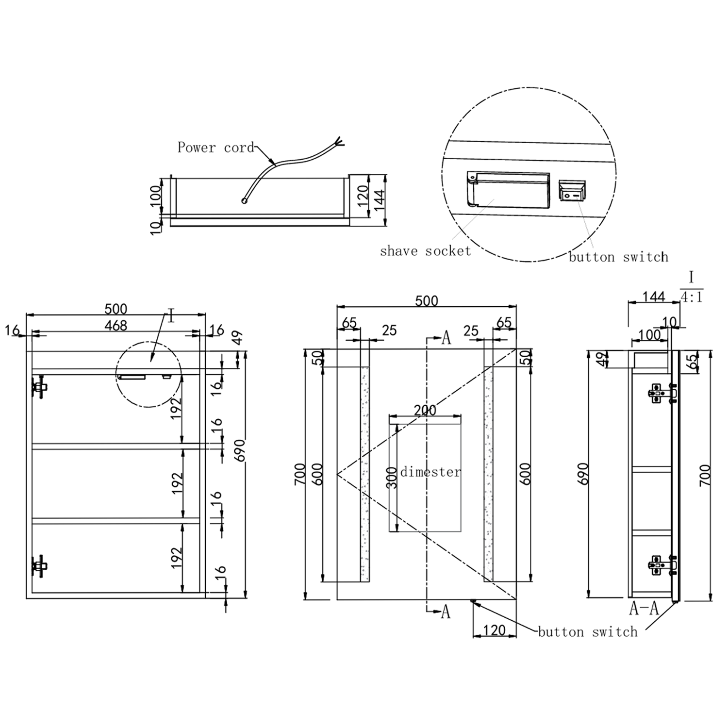 Erin Aluminium LED Bathroom Mirror Cabinet with Demister Pad & Shaver Socket - 500 x 700mm