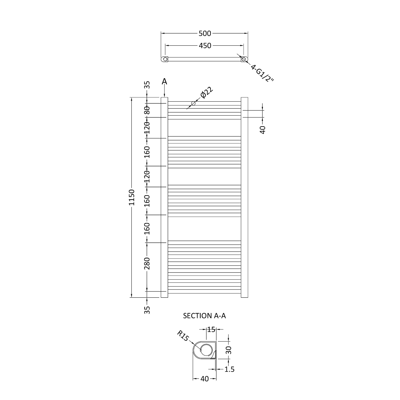 nuie Straight Anthracite Ladder Towel Rails - 1150 x 500mm