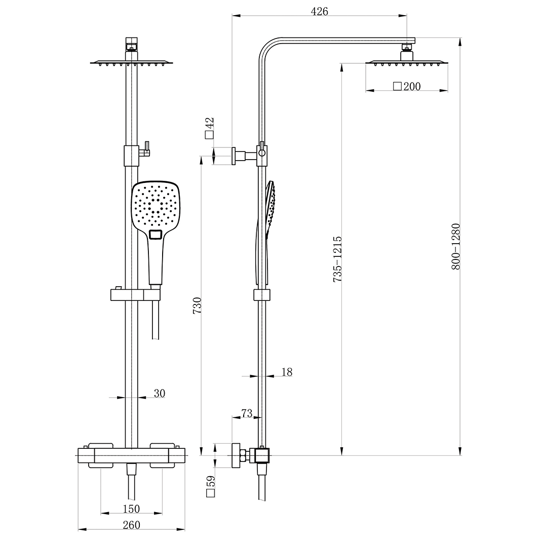 Drench Square Telescopic WRAS-Approved Thermostatic Rigid Riser Shower Set with Slim Head
