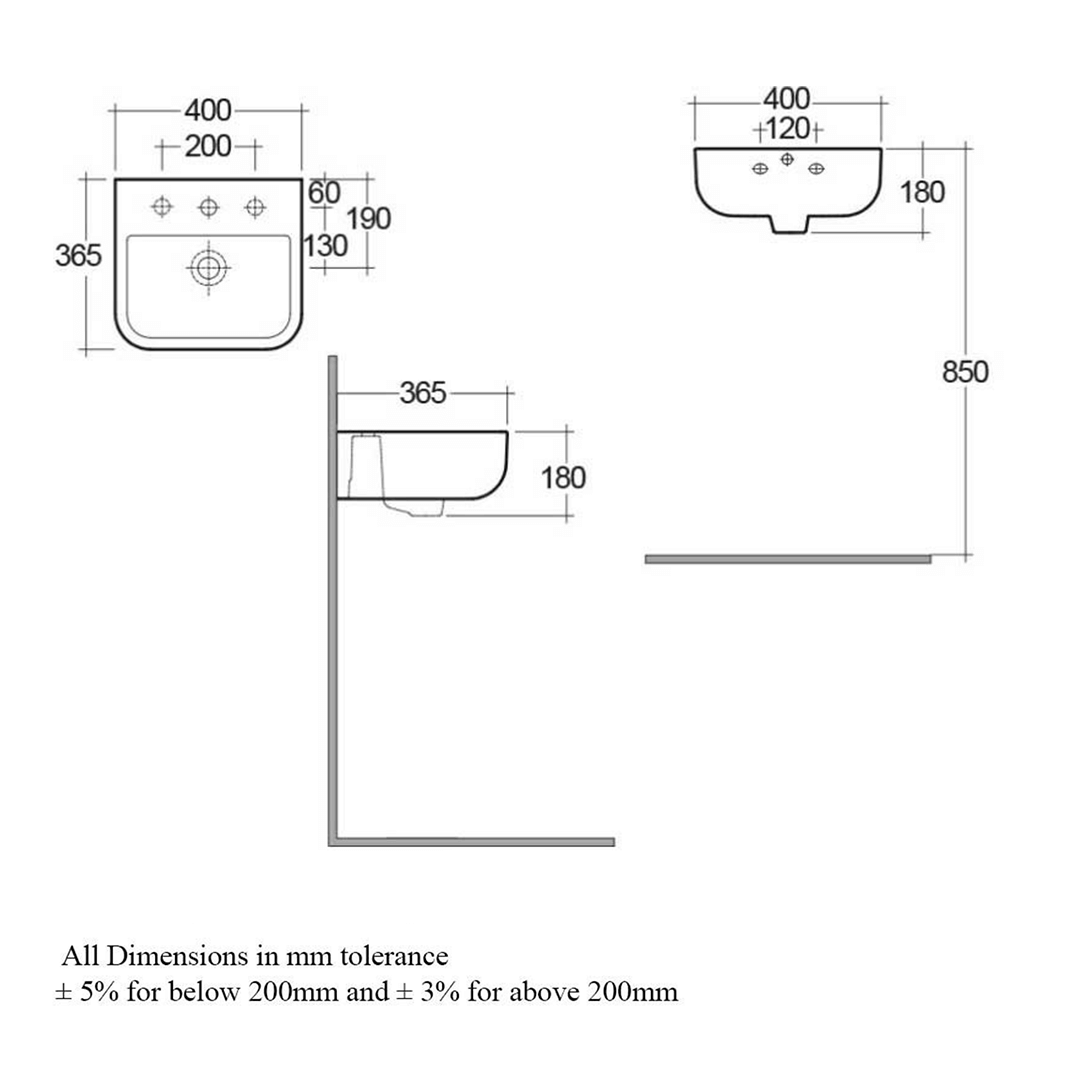 RAK Series 600 Wall Hung Cloakroom Hand Basin - 2 Tap Hole