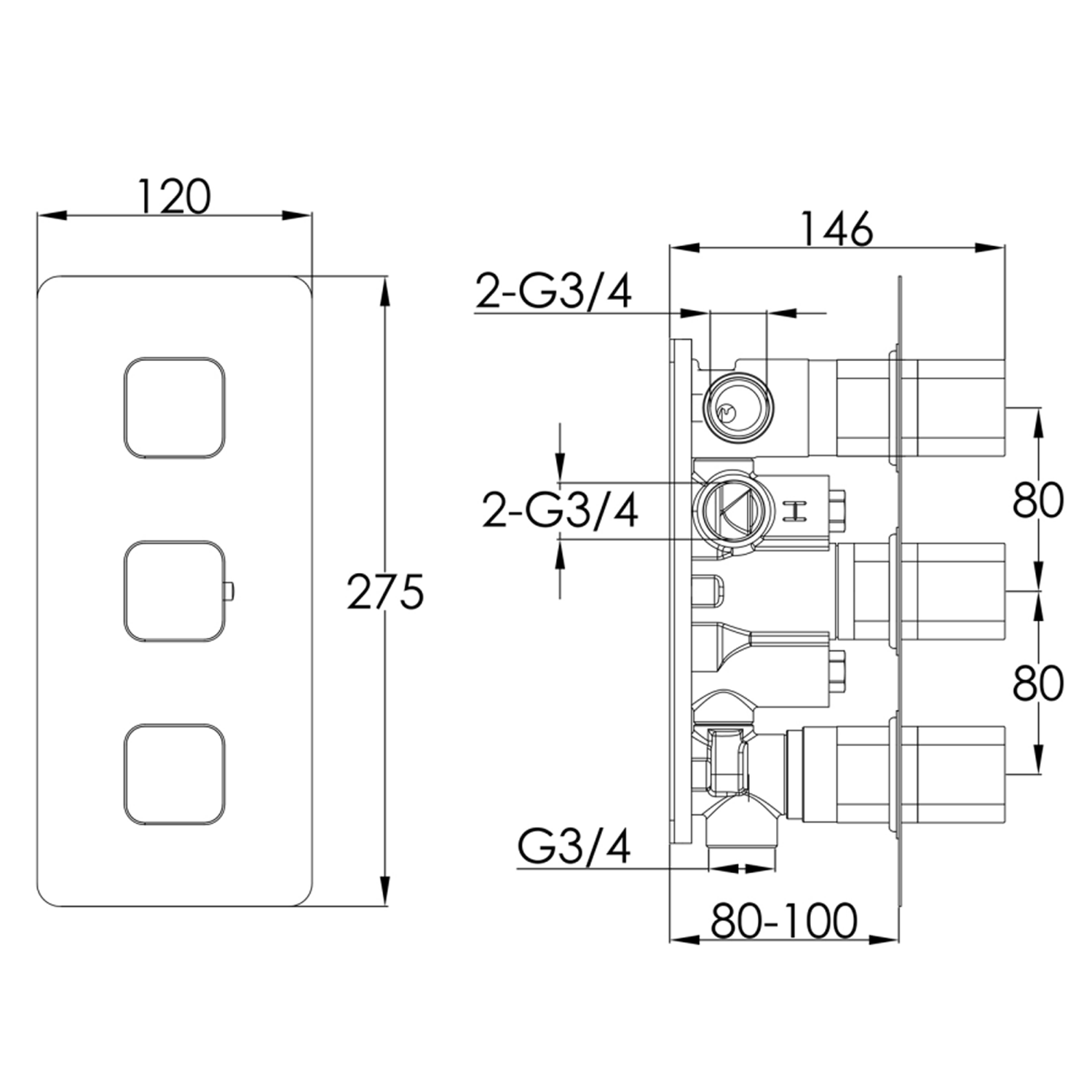 HIX 3 Handle 3 Outlet Concealed Thermostatic Horizontal Shower Valve