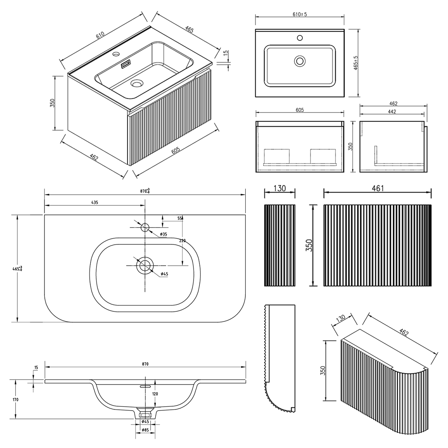 Drench Groove 870mm Fluted Wall Hung Curved Vanity Unit & Matt Stone Basin