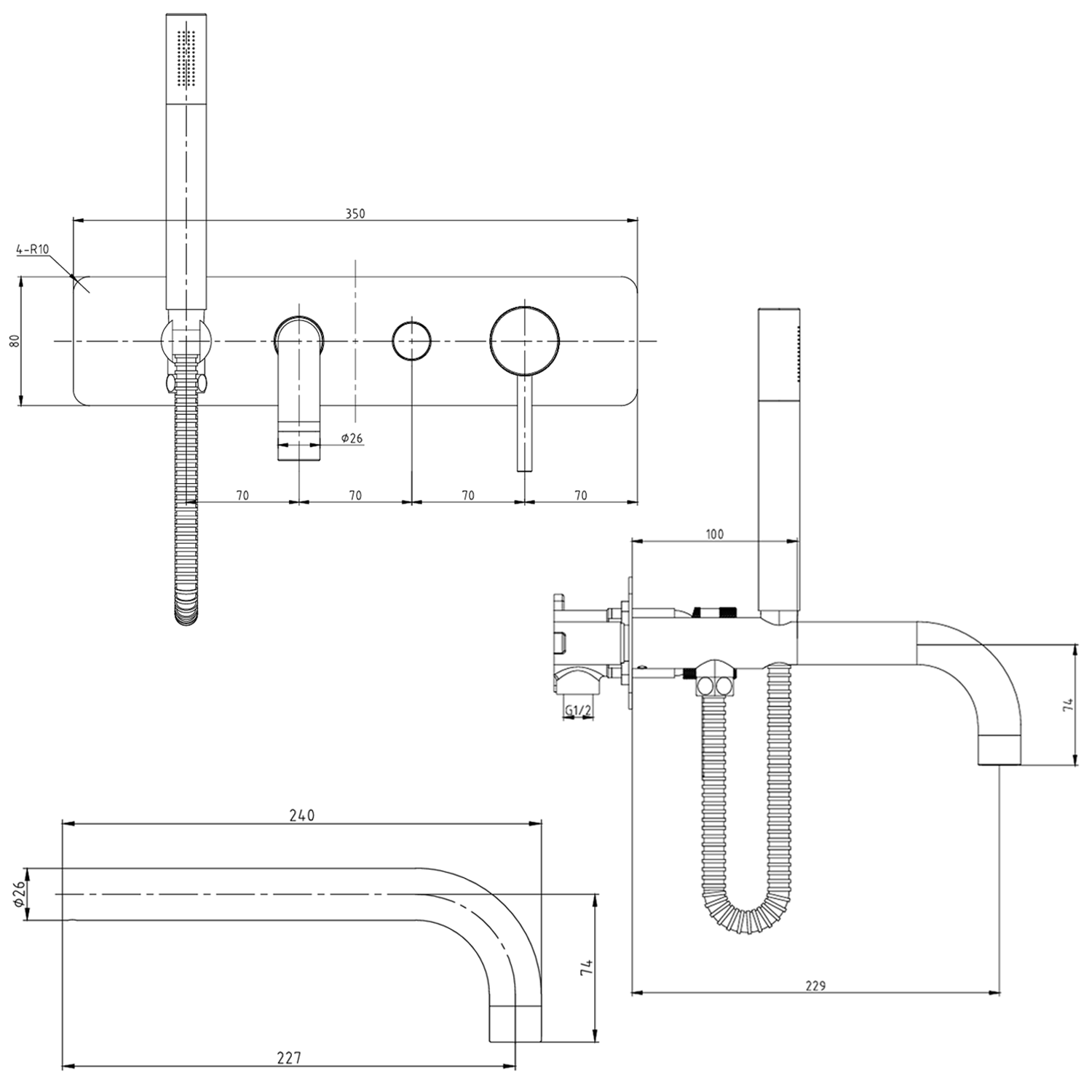 Core Wall Mounted Bath Shower Mixer, Handset & Hose