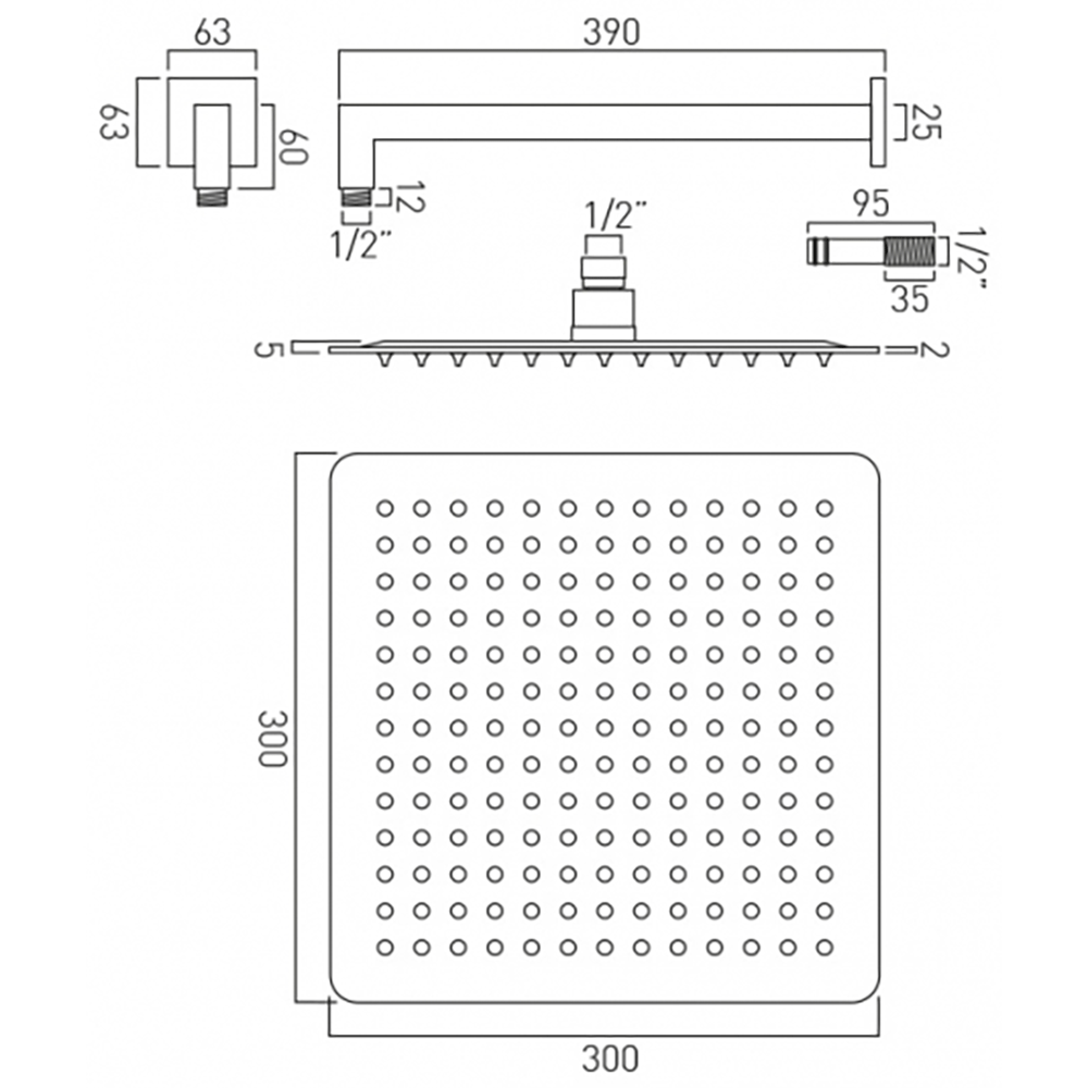 Vado Aquablade Slim Line Easy Clean Square Shower Head with Shower Arm 300mm (12")