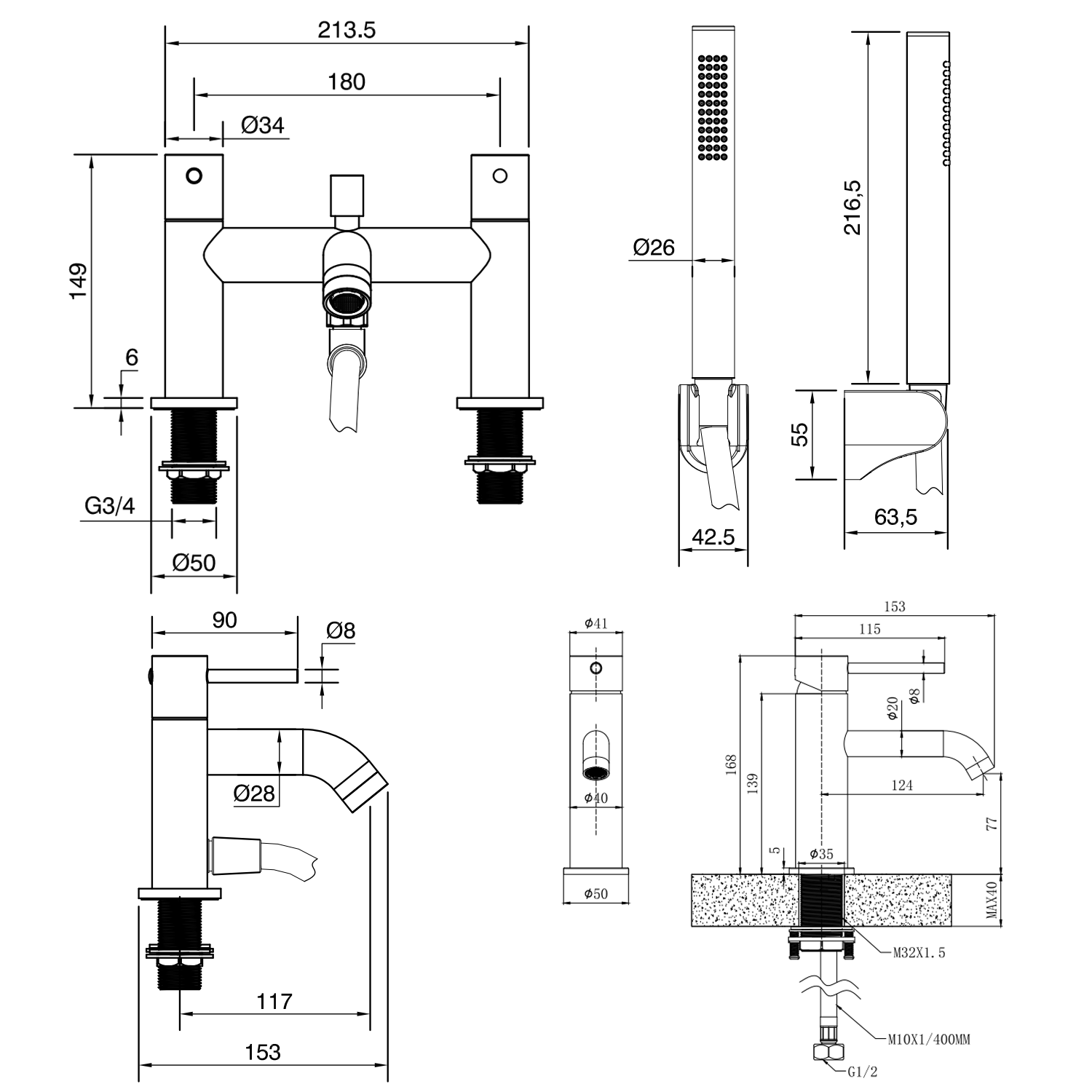 Harbour Clarity Brushed Brass Basin Mixer Tap & Waste and Bath Shower Mixer Tap with Shower Kit