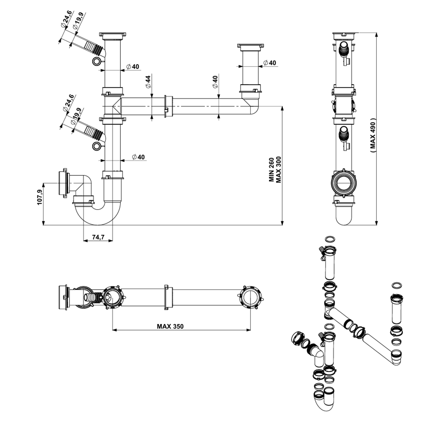 Vellamo Single Bowl Universal Kitchen Sink Plumbing Kit