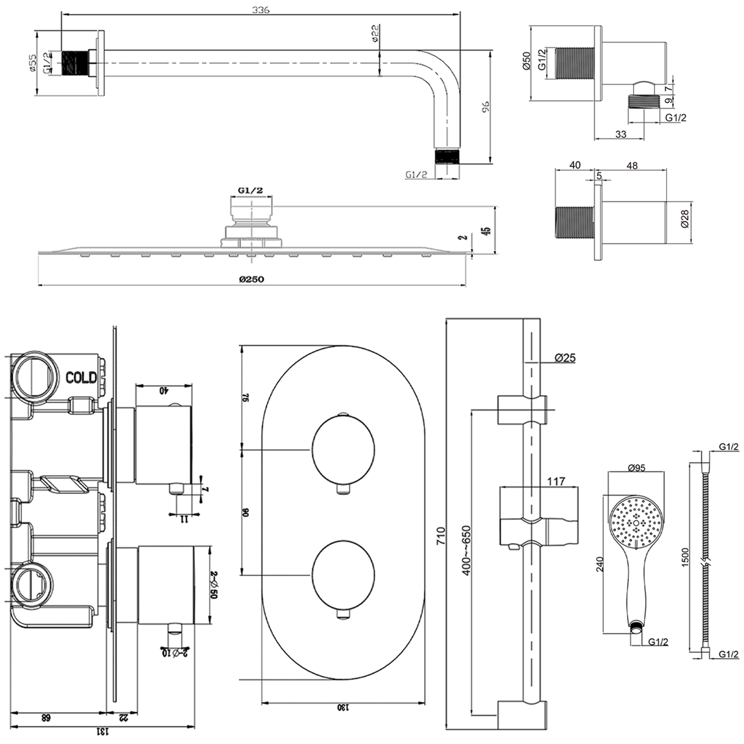 Harbour Clarity Matt Black Concealed Shower Valve, Fixed Head & Arm and Slide Rail Kit