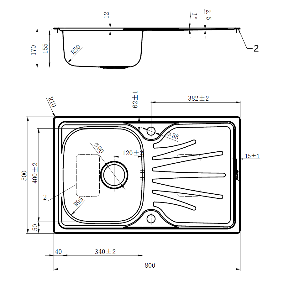 Clearwater Deep Blue Compact Single Bowl Brushed Stainless Steel sink & Waste with Reversible Drainer - 800 x 500mm