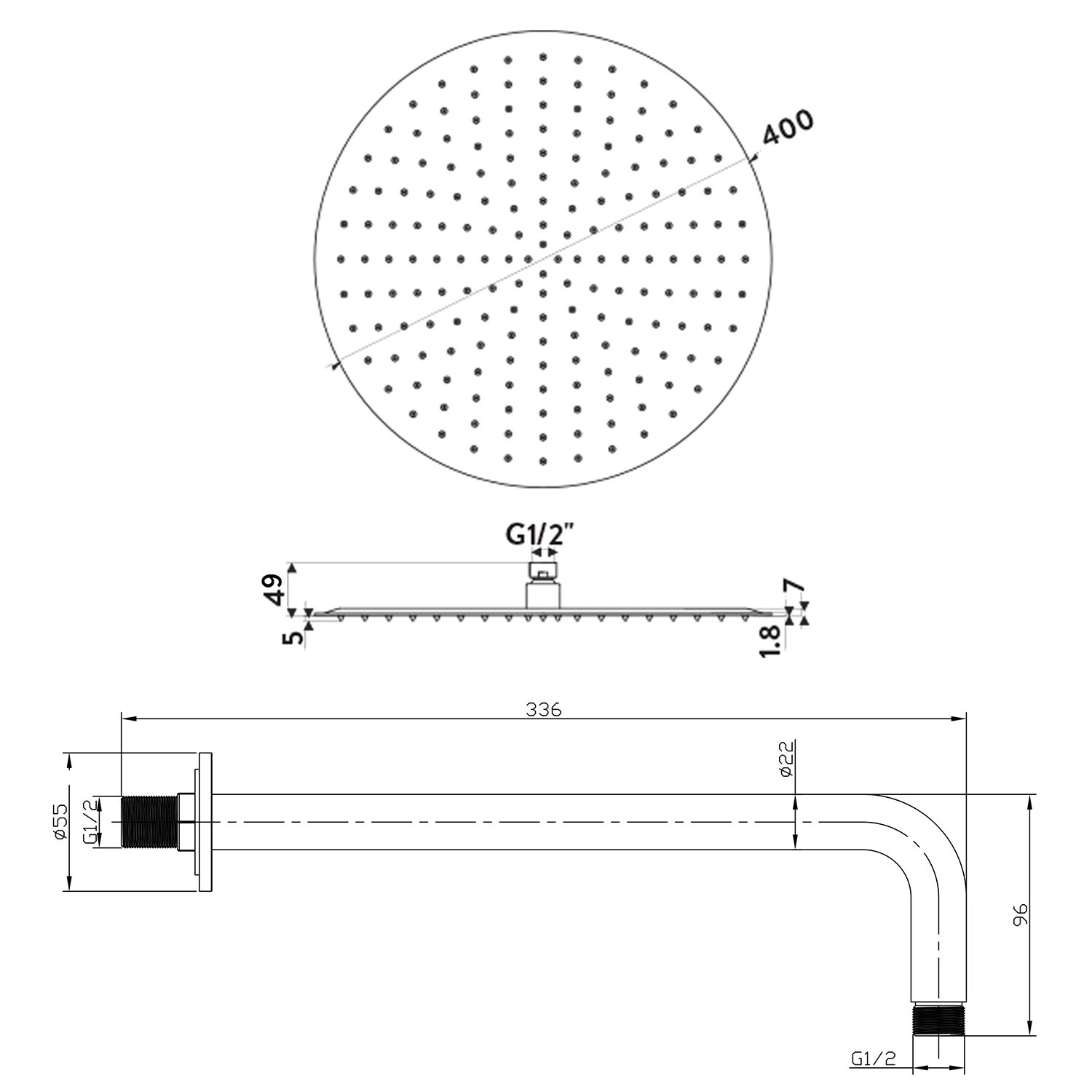 Vellamo Ultra Thin Round 400mm Shower Head & Wall Mounted Arm