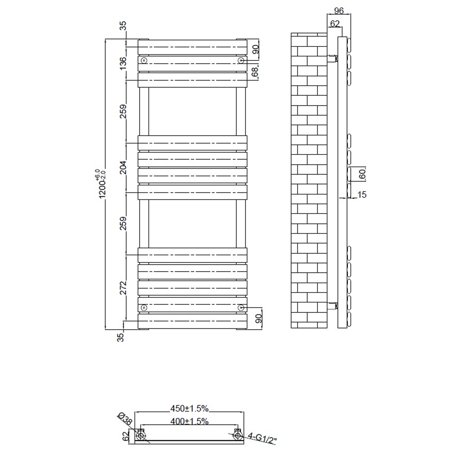 Brenton Avezzano Matt Anthracite Flat Panel Heated Towel Rail - 1200 x 450mm