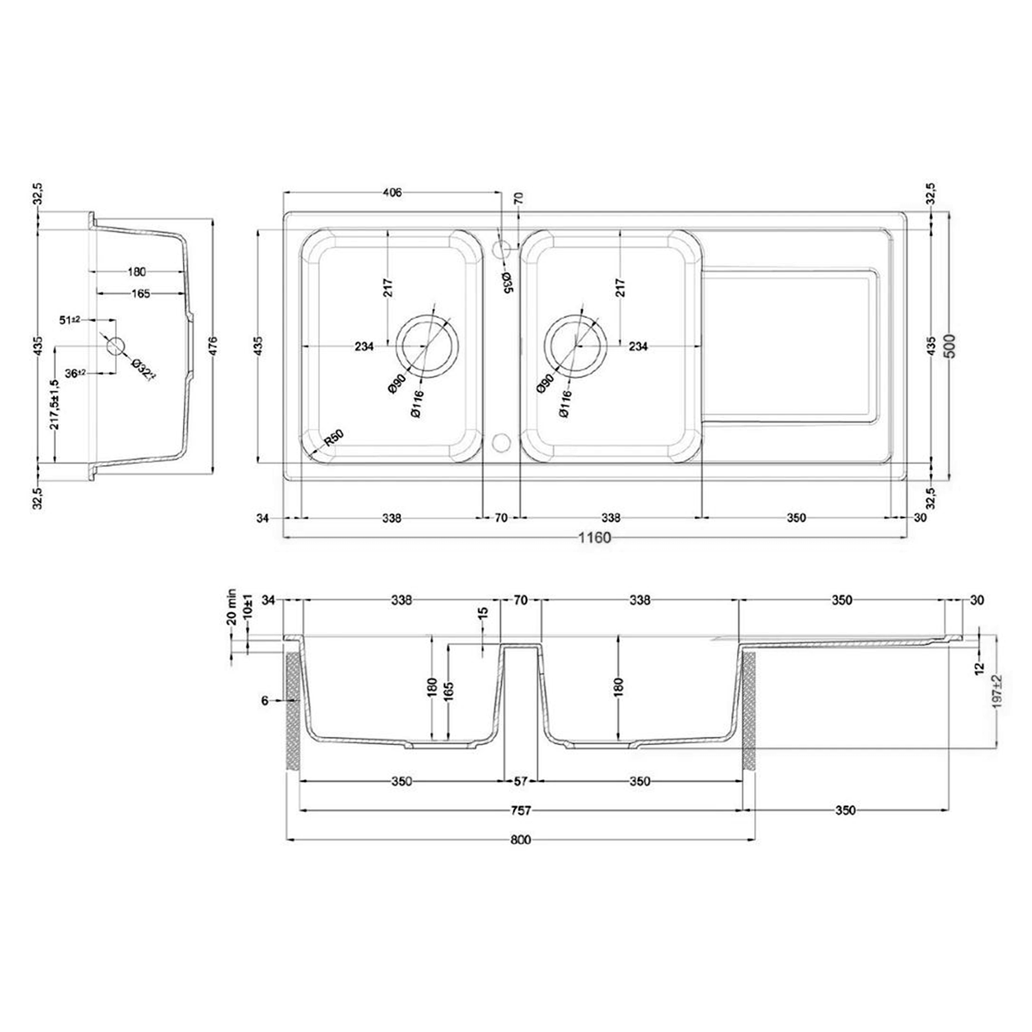 Rangemaster Loa 2 Bowl Igneous Granite Kitchen Sink with Reversible Drainer & Waste Kit - 1160 x 500mm