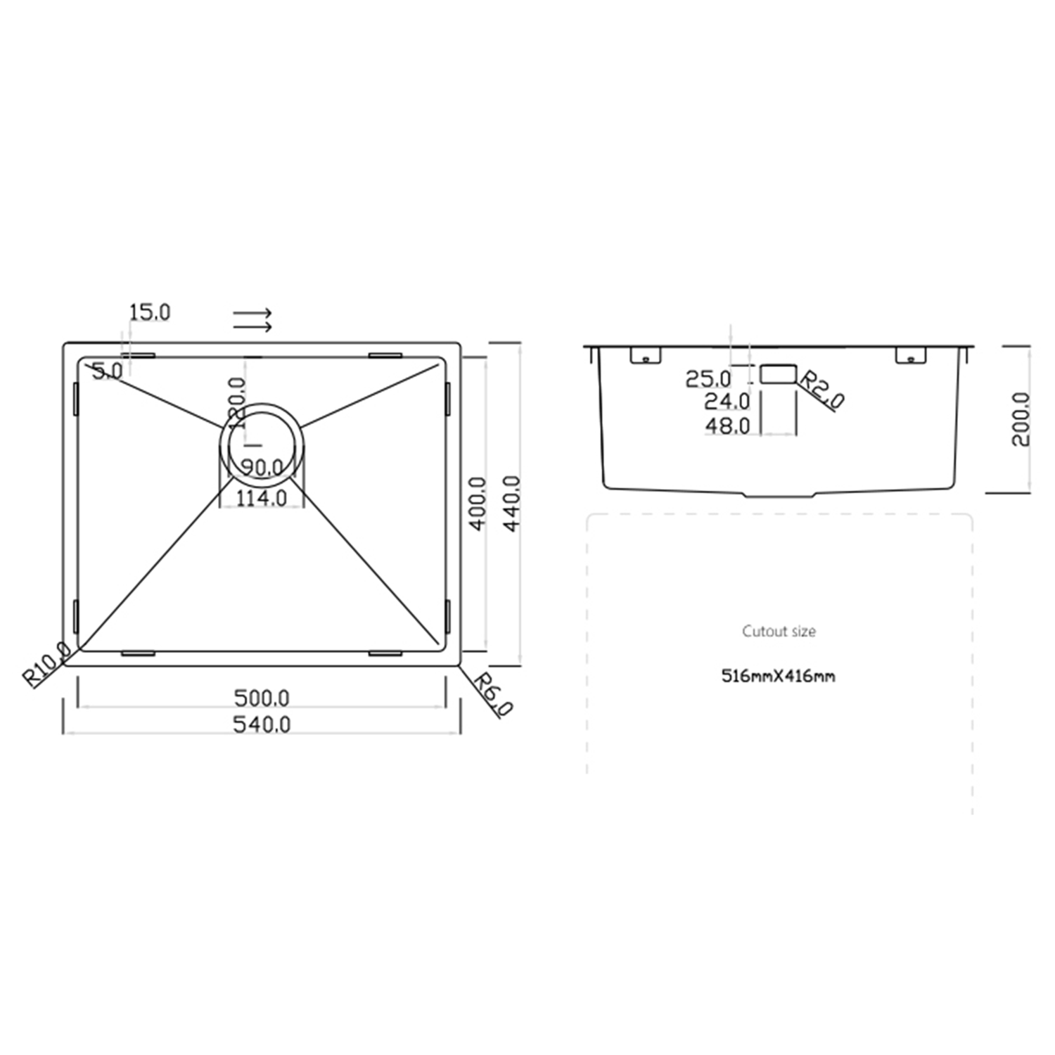 Rangemaster Kube 1 Bowl Brushed Stainless Steel Inset/Undermount Sink & Waste Kit - 540 x 440mm