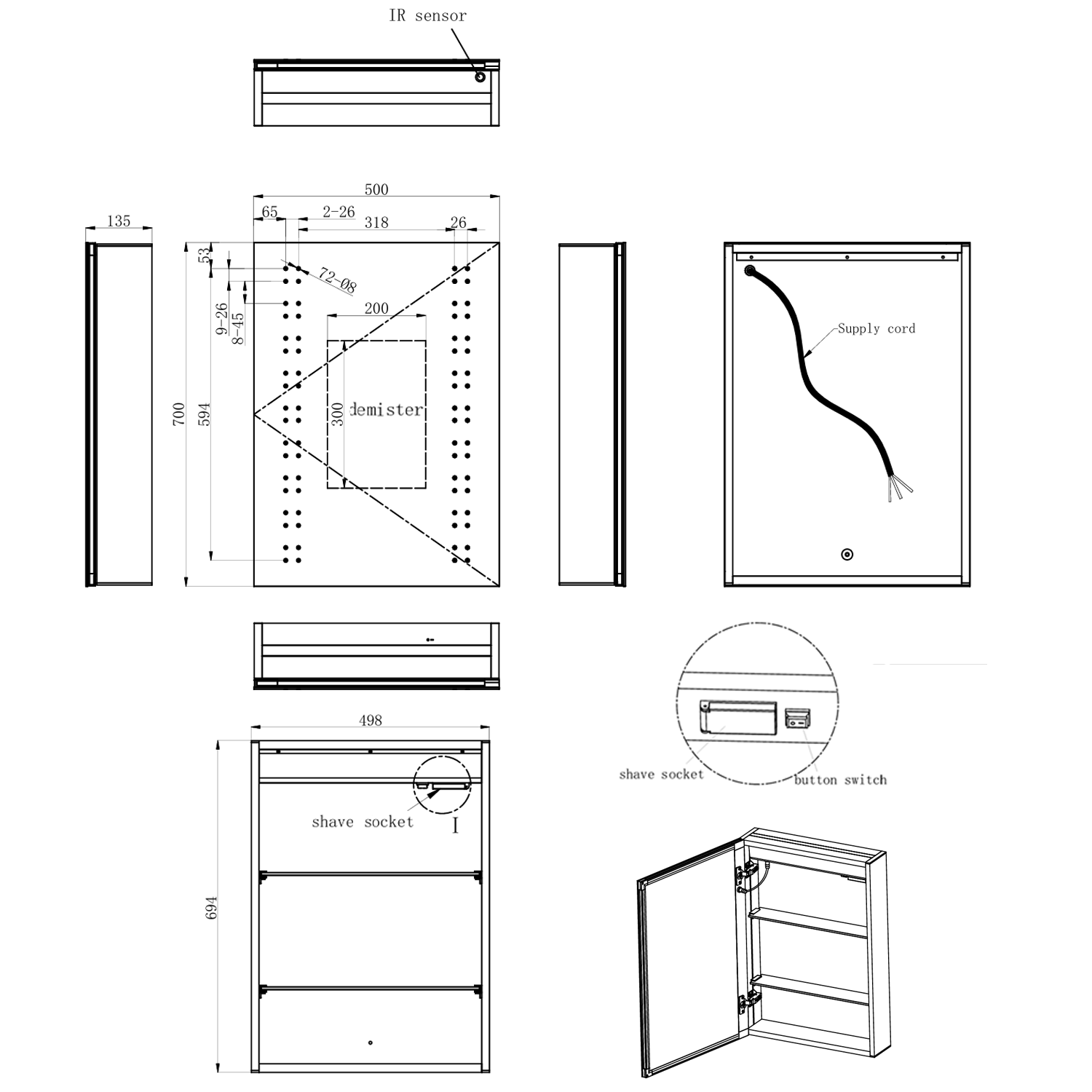 Jack LED Mirrored Cabinet with Demister Pad & Shaver Socket - 500 x 700mm