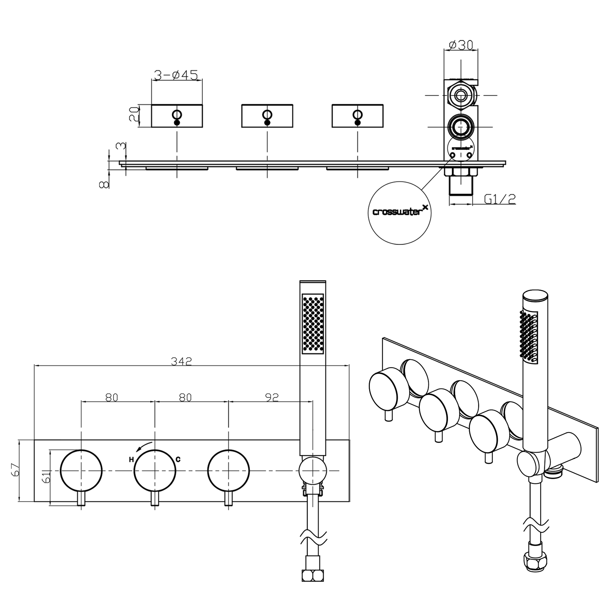 Crosswater Dial Kai Lever 2 Outlet Concealed Thermostatic Shower Valve with Single Mode Handset