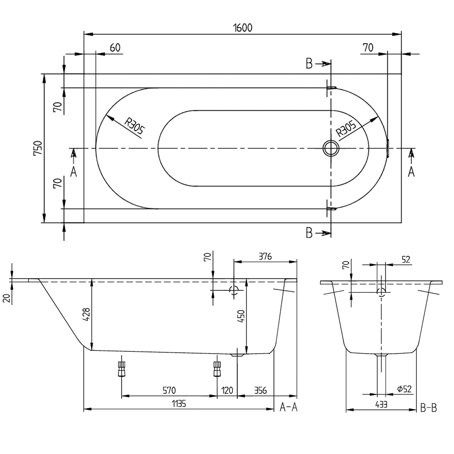 Villeroy & Boch Oberon Quaryl Straight Single Ended Bath - 1600, 1700 & 1800mm