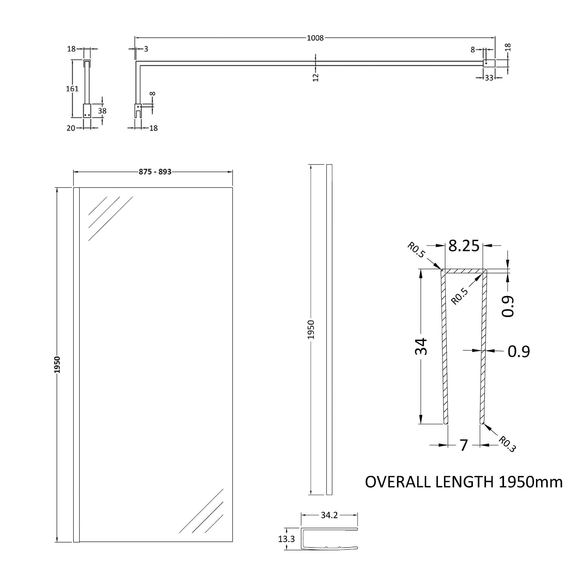Harbour Frame Brushed Brass Walk in Glass Shower Screen with Support Bar