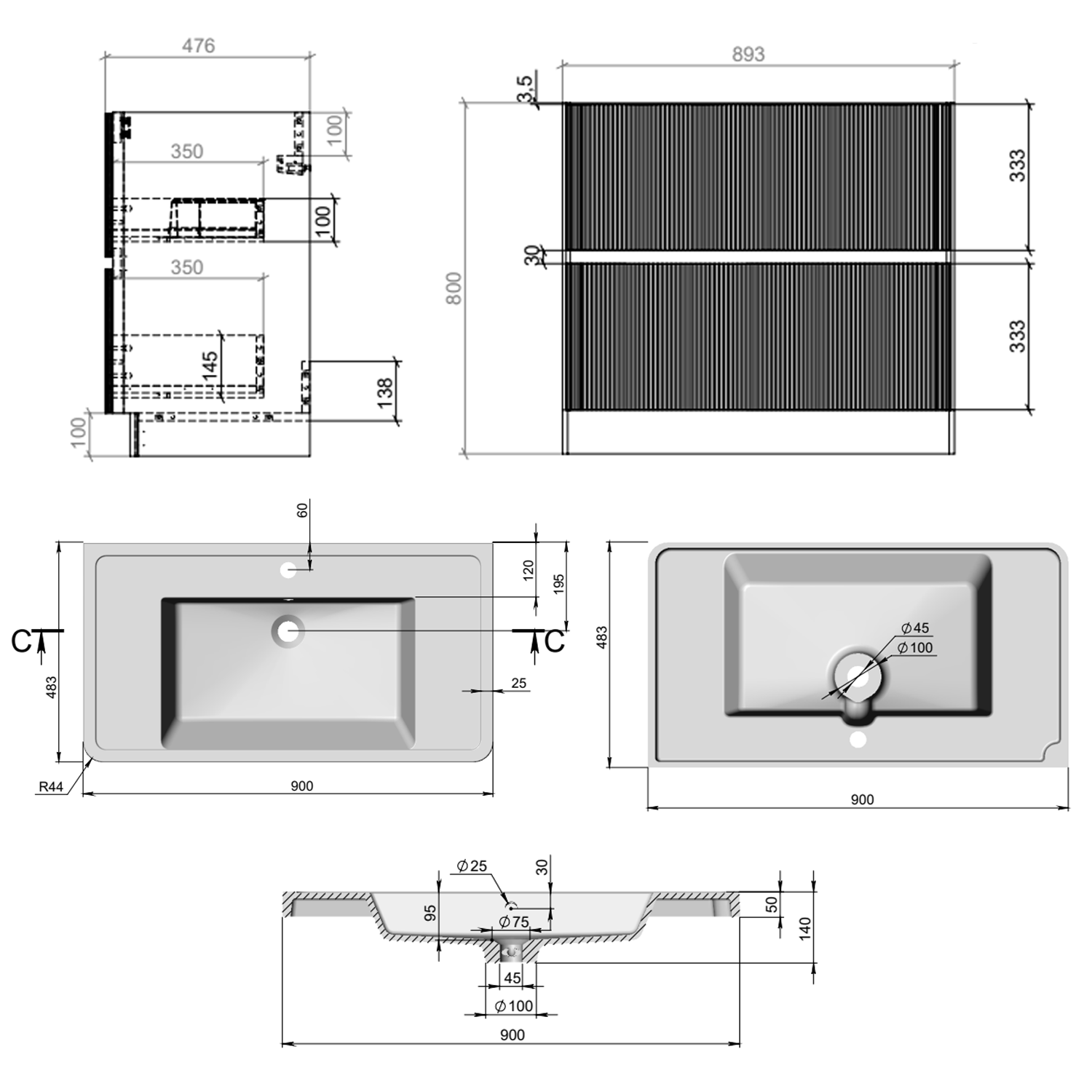 Drench Origin 900mm Light Oak Fluted Floorstanding Vanity Unit & Basin