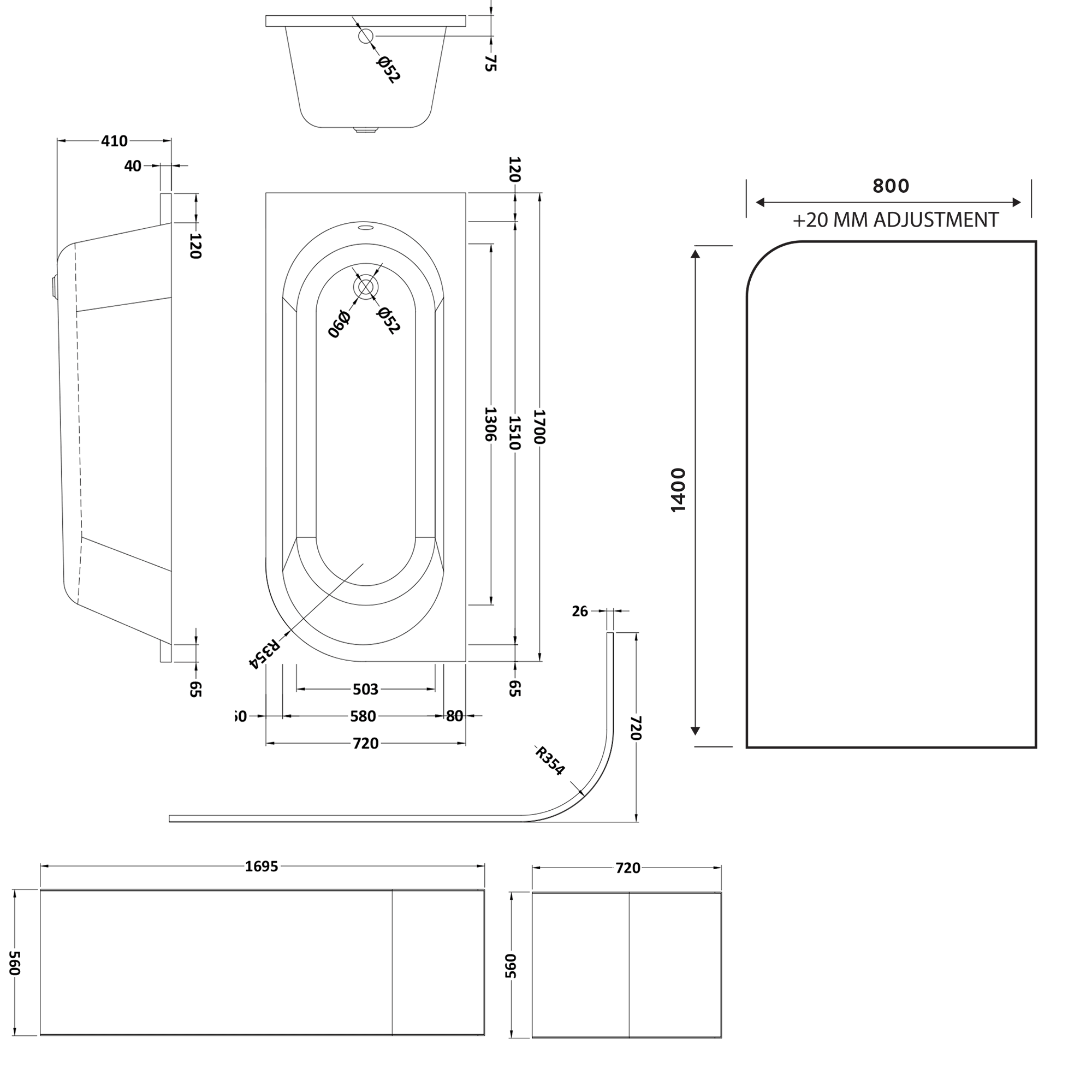 Drench J Shaped Shower Bath with Panel & Shower Screen