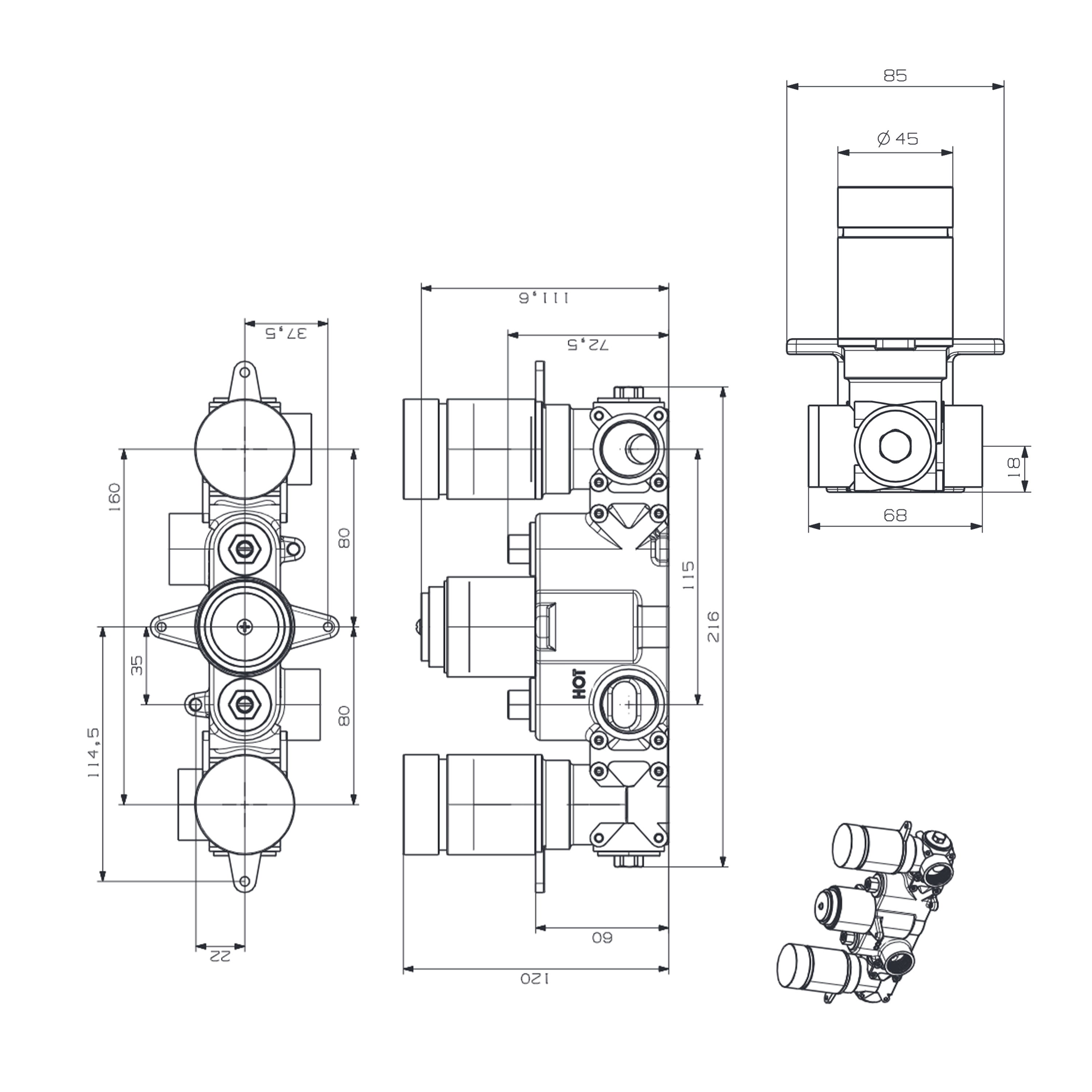 Crosswater Dial Kai Lever 2 Control Bath Valve with Single Function Handset