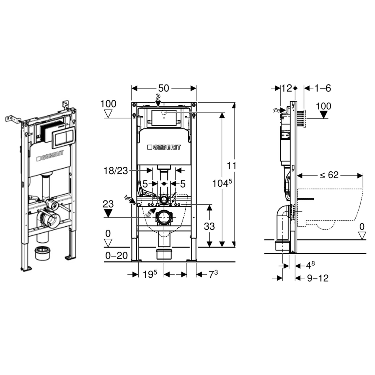 Geberit Duofix 1120mm Concealed Frame & Alpha Cistern with Chrome Dual Flush Plate