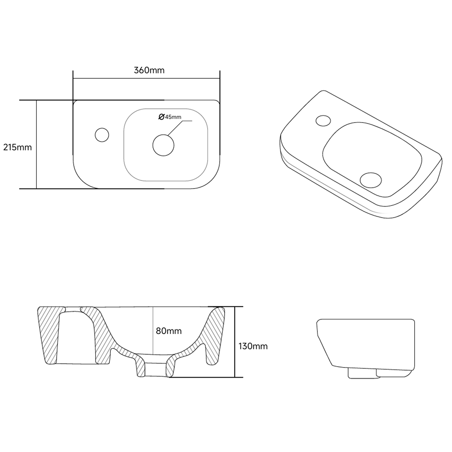 Cooper Wall Hung Cloakroom Basin - 360 x 215mm