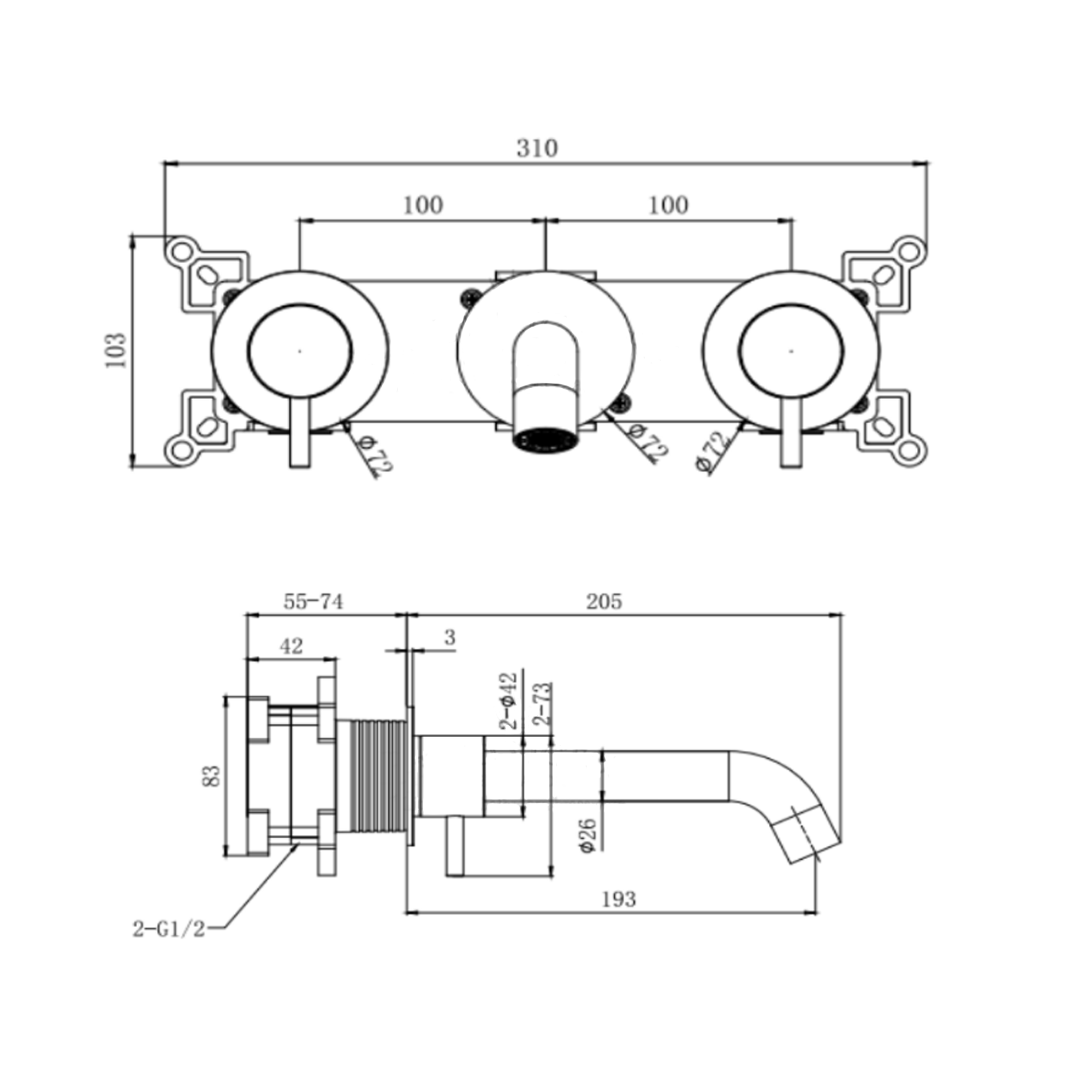 Harbour Clarity Matt Black 3 Hole Wall Mounted Basin Tap with Easy Plumb Installation Kit