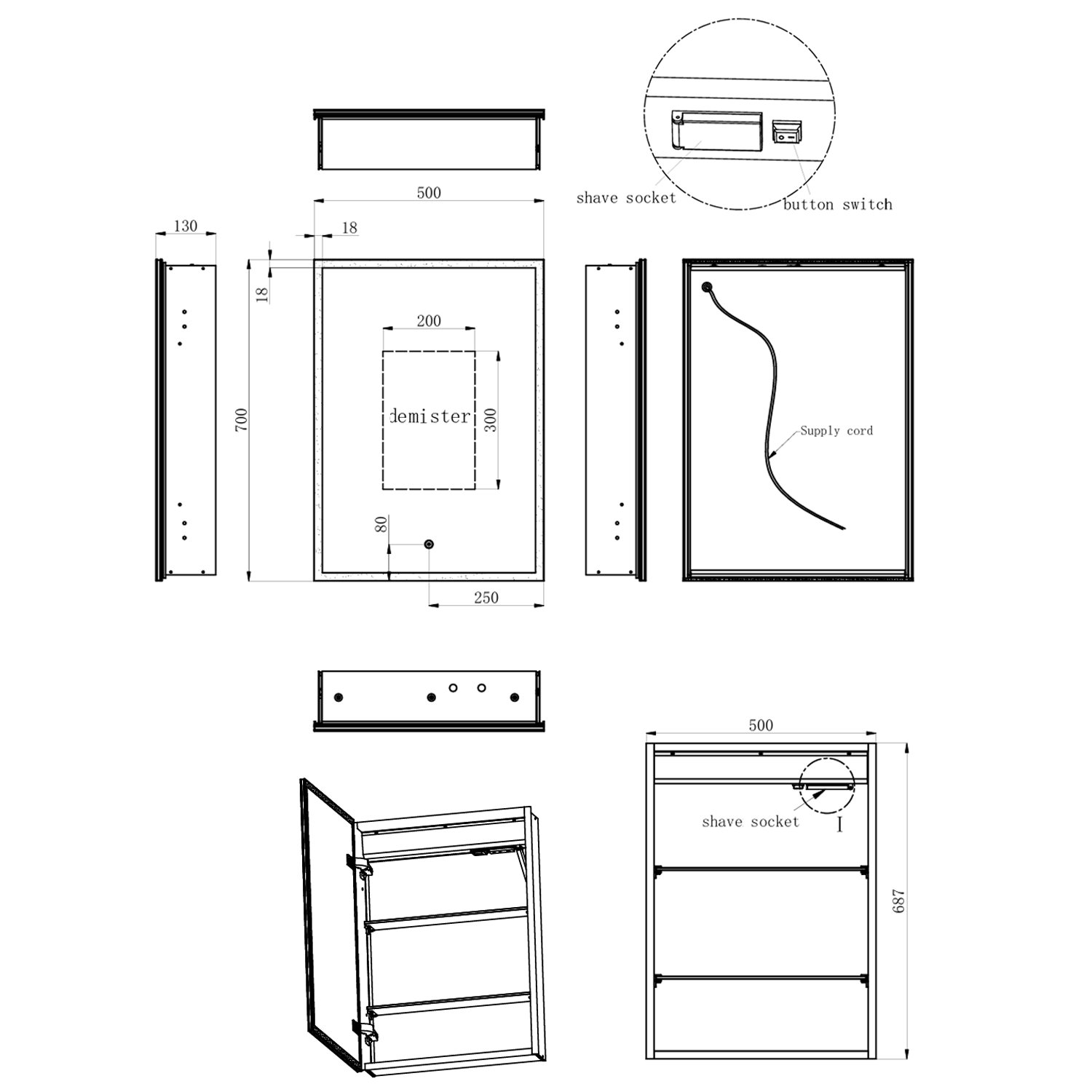 Harbour Glow Recessed Single Door LED Bathroom Mirror Cabinet - 500 x 700mm