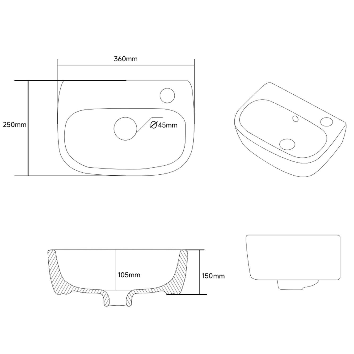 Daisy Wall Hung Cloakroom Basin - 360 x 250mm