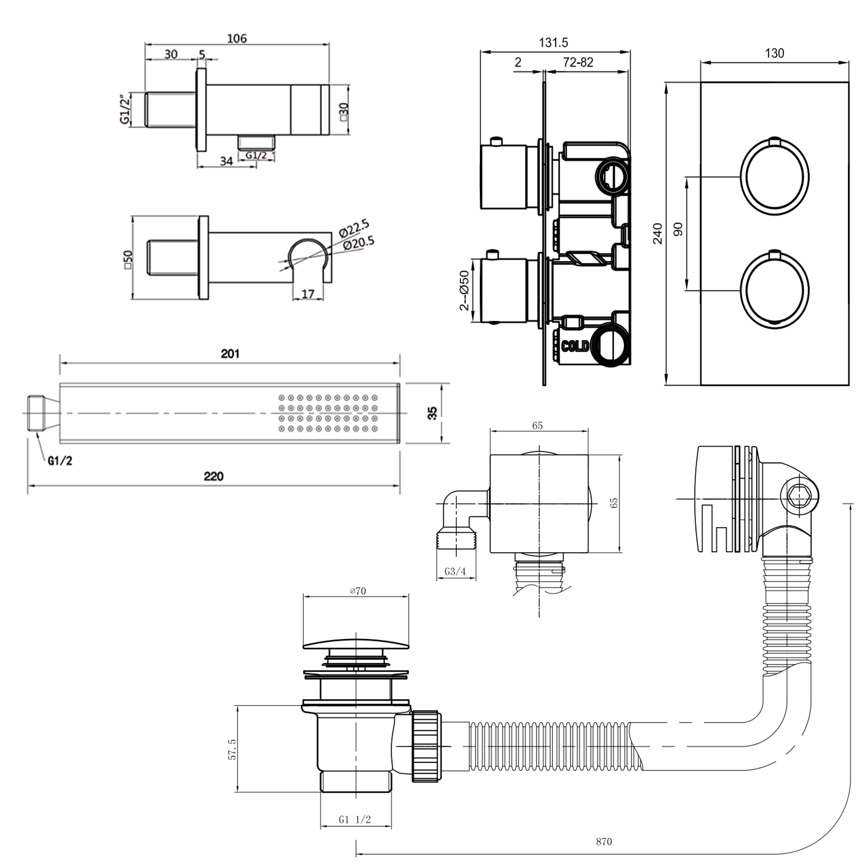 Harbour Status Brushed Brass Shower Package with 2 Outlet Valve, Wall Shower Kit and Overflow Bath Filler